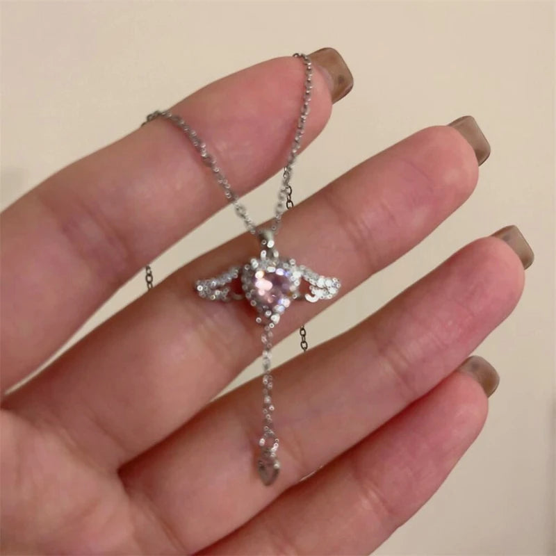 2023 Crystal Angel Wings Heart Pendant Necklace Y2K Girl Simple Pink White Zircon Love Elegant Ladies Necklace Women Jewelry