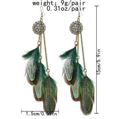 Bohemian Feather Earrings for Women Vintage Retro Ethnic Hollow Geometric round Handmade Chain Long Earings Indian Party Jewelry