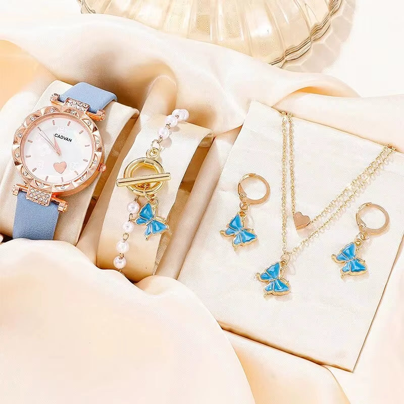 5Pcs Set Fashion Women Watches Leather Strap Watch Ladies Elegant Quartz Watches for Women Luxury Blue Simple round Watches