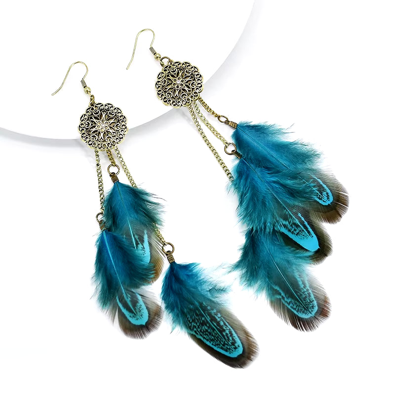 Bohemian Feather Earrings for Women Vintage Retro Ethnic Hollow Geometric round Handmade Chain Long Earings Indian Party Jewelry