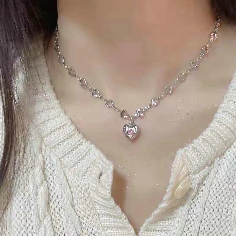 2023 Crystal Angel Wings Heart Pendant Necklace Y2K Girl Simple Pink White Zircon Love Elegant Ladies Necklace Women Jewelry