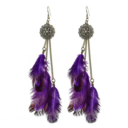 Bohemian Feather Earrings for Women Vintage Retro Ethnic Hollow Geometric round Handmade Chain Long Earings Indian Party Jewelry