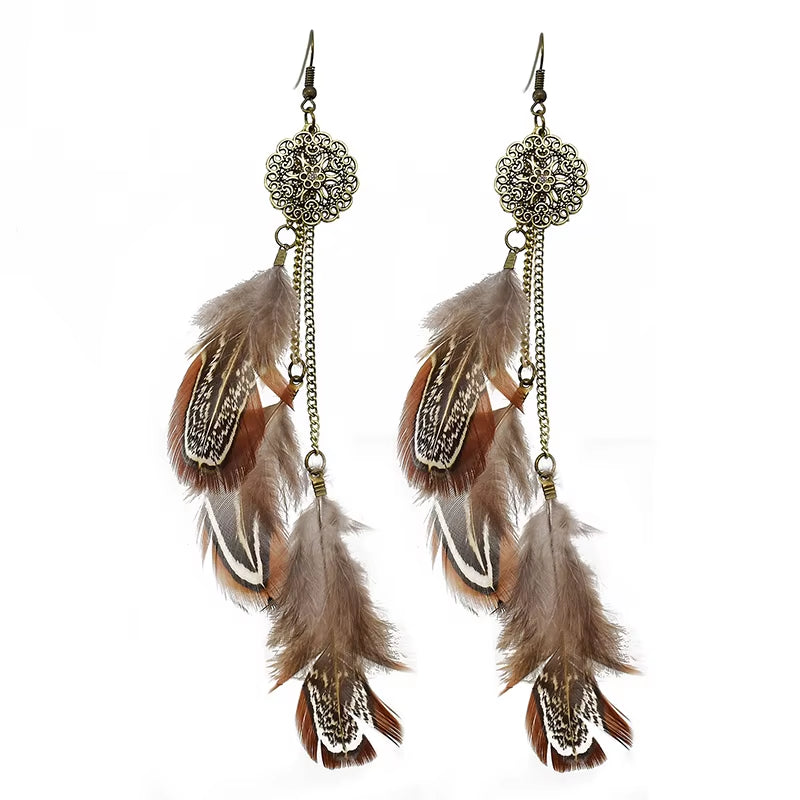 Bohemian Feather Earrings for Women Vintage Retro Ethnic Hollow Geometric round Handmade Chain Long Earings Indian Party Jewelry