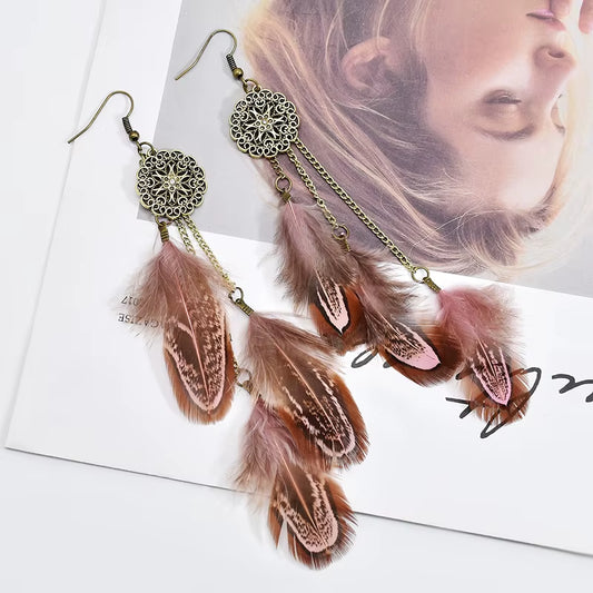 Bohemian Feather Earrings for Women Vintage Retro Ethnic Hollow Geometric round Handmade Chain Long Earings Indian Party Jewelry